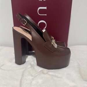 Gucci Dark Brown Leather Platform Slingback Heels with Gold Horsebit